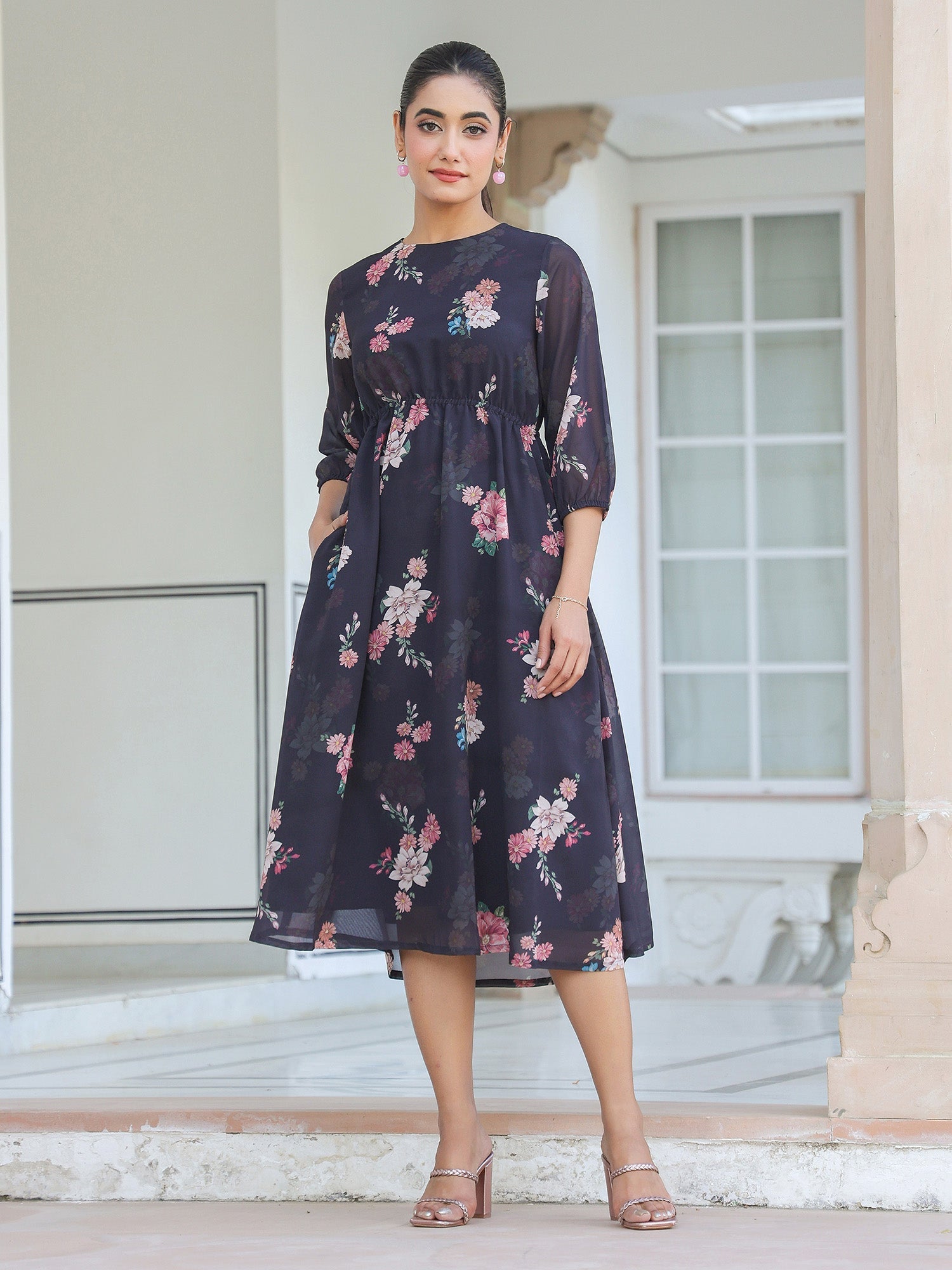 Janasya Dark Georgette Floral A-Line Dress 