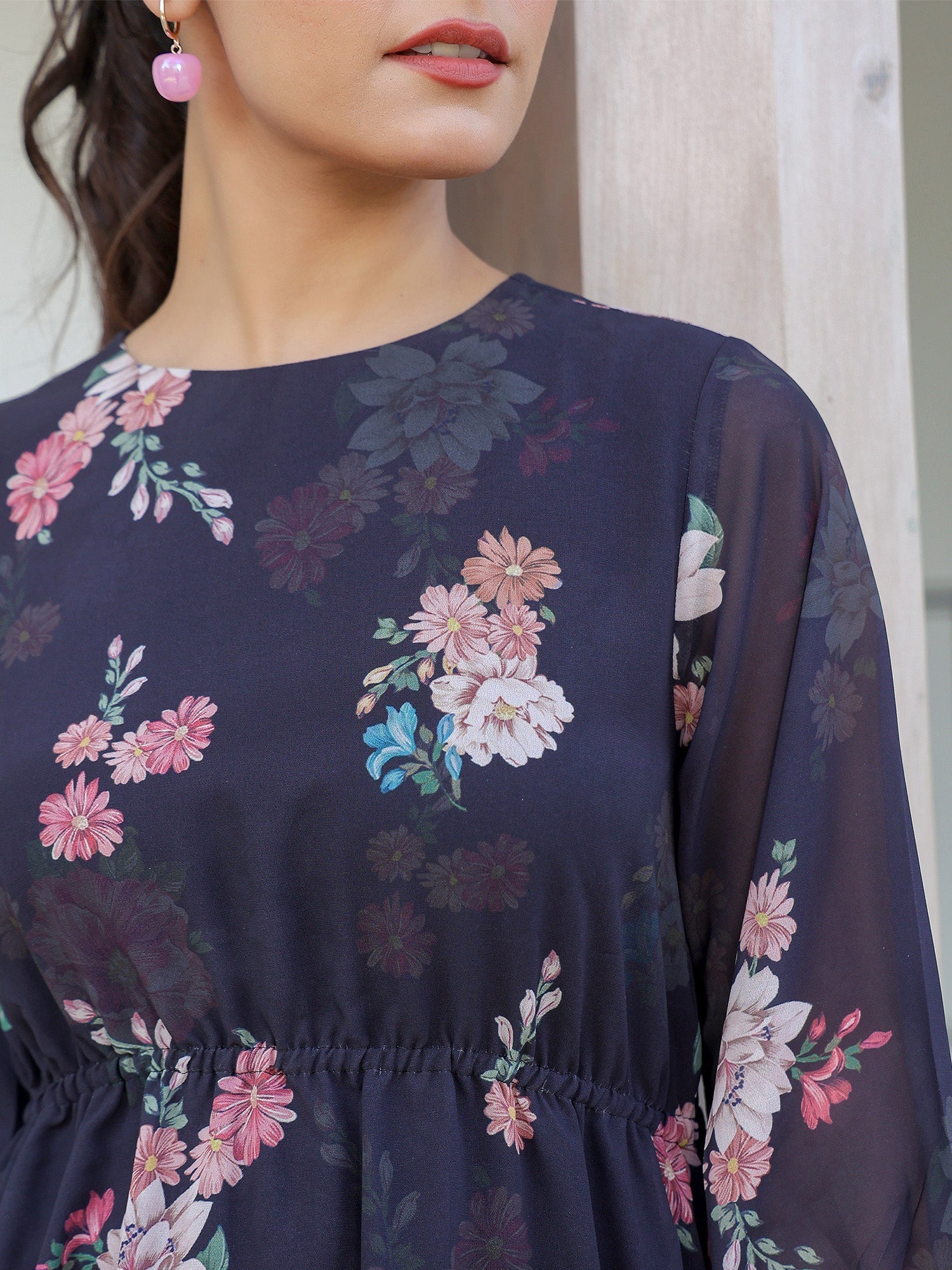Janasya Dark Georgette Floral A-Line Dress 