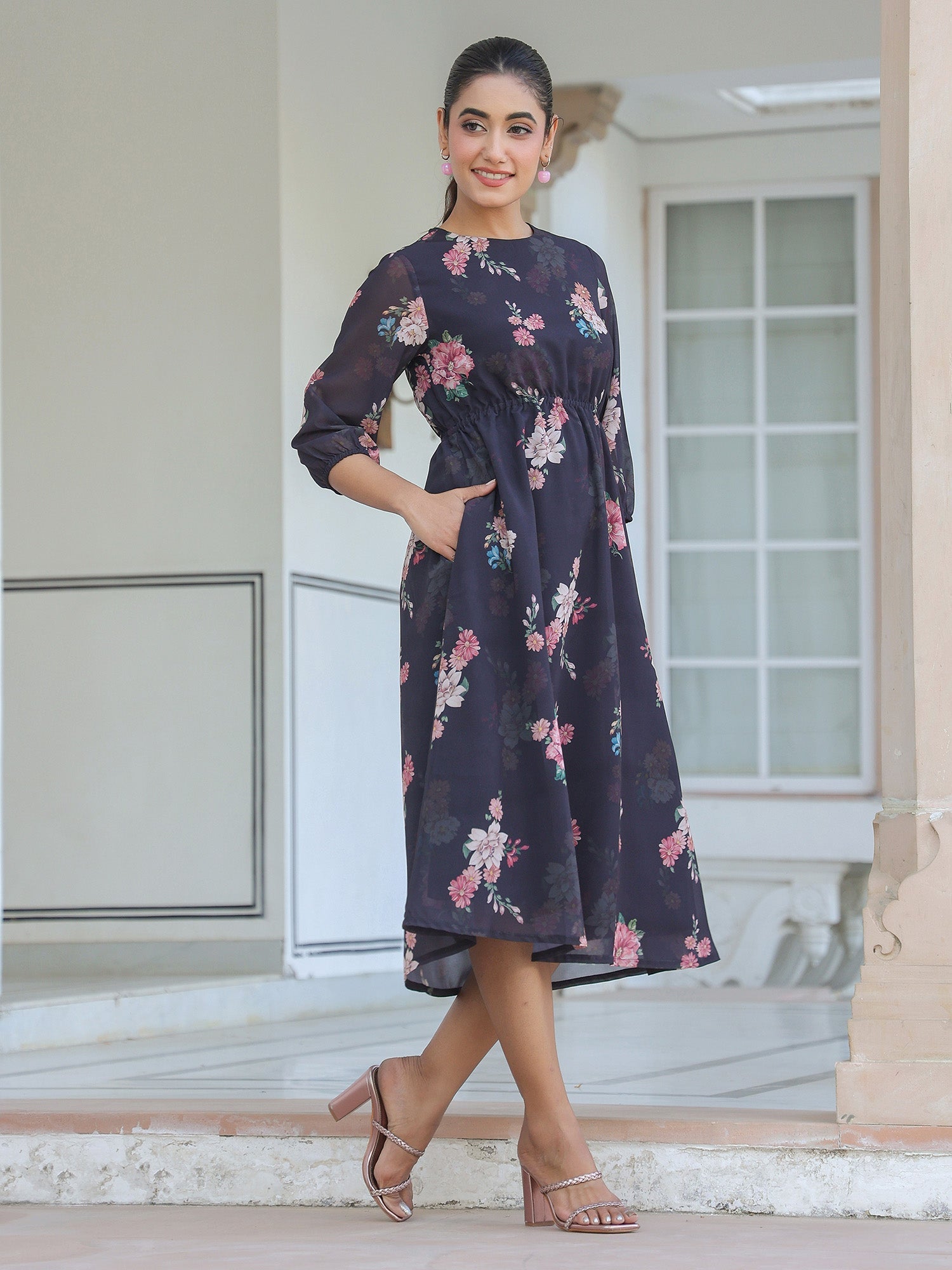 Janasya Dark Georgette Floral A-Line Dress 