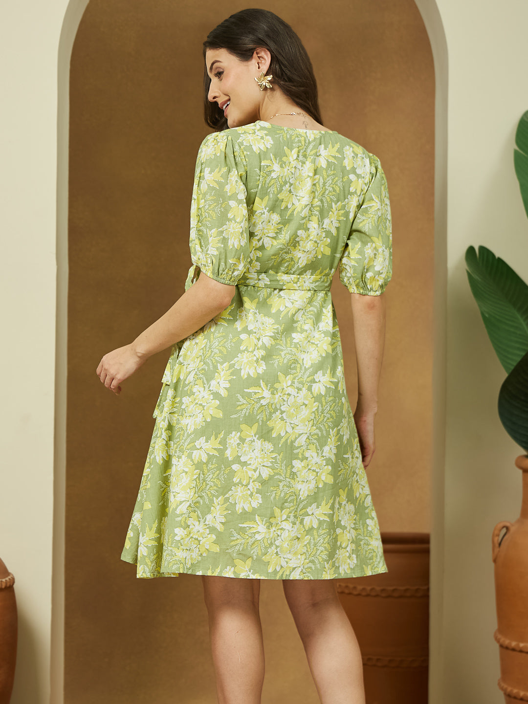 Janasya Light Cotton Floral A-Line Dress 