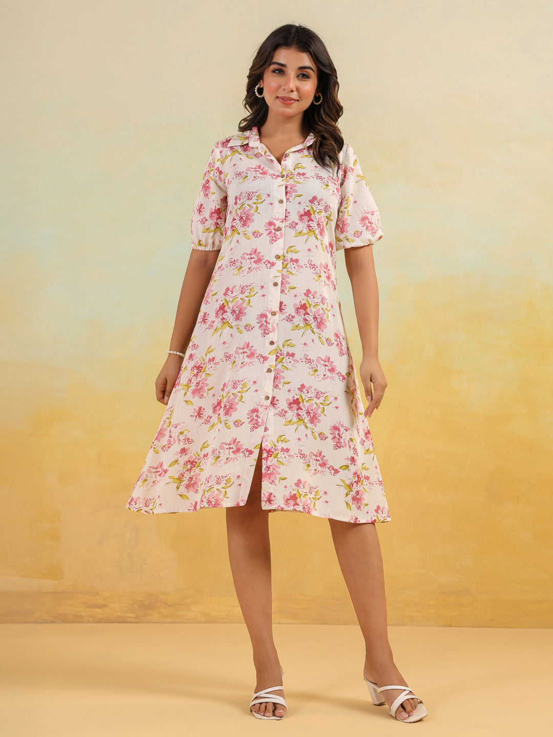Janasya Light Cotton Floral A-Line Dress 