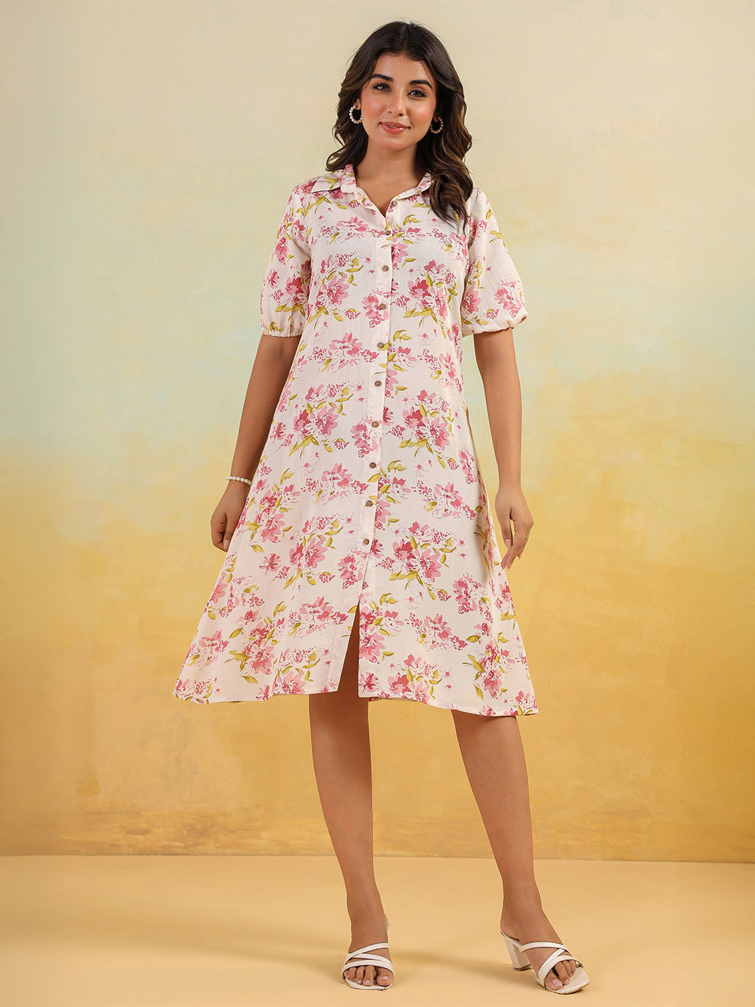 Janasya Light Cotton Floral A-Line Dress 