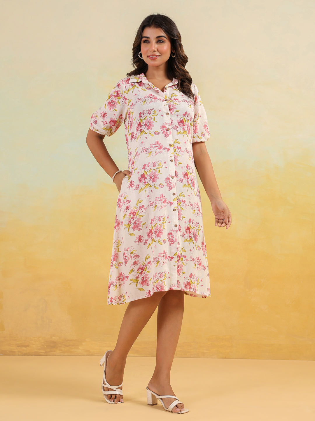Janasya Light Cotton Floral A-Line Dress 