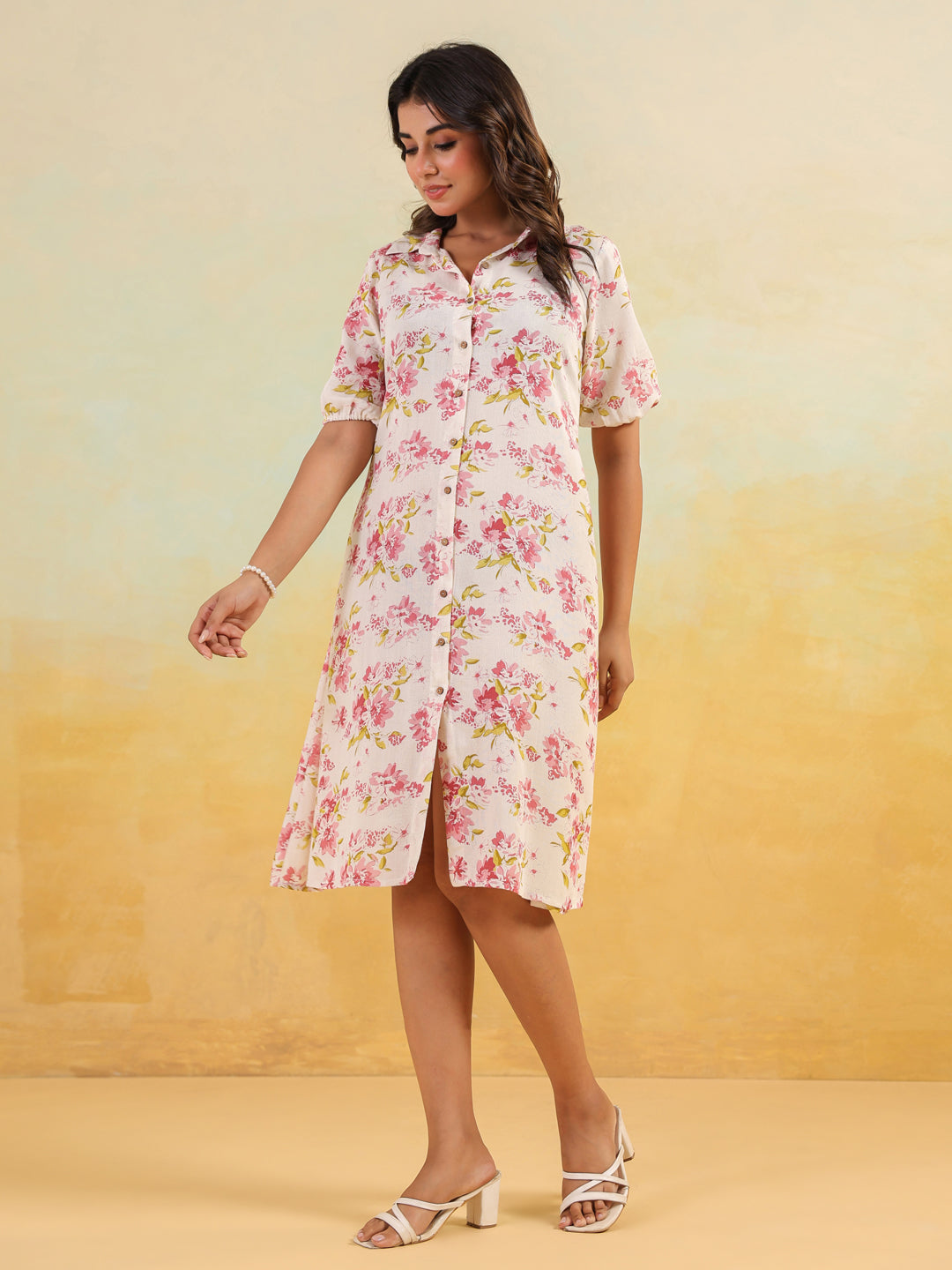 Janasya Light Cotton Floral A-Line Dress 