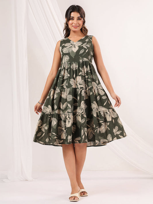 Janasya Dark Cotton Floral Tiered Dress 