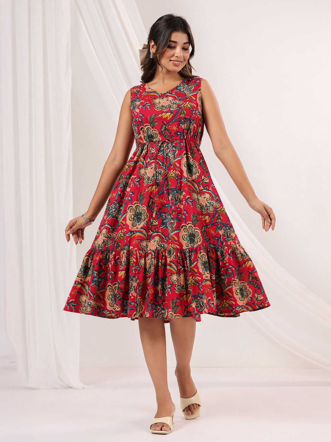 Janasya Bright Cotton Floral Fit & Flare Dress 