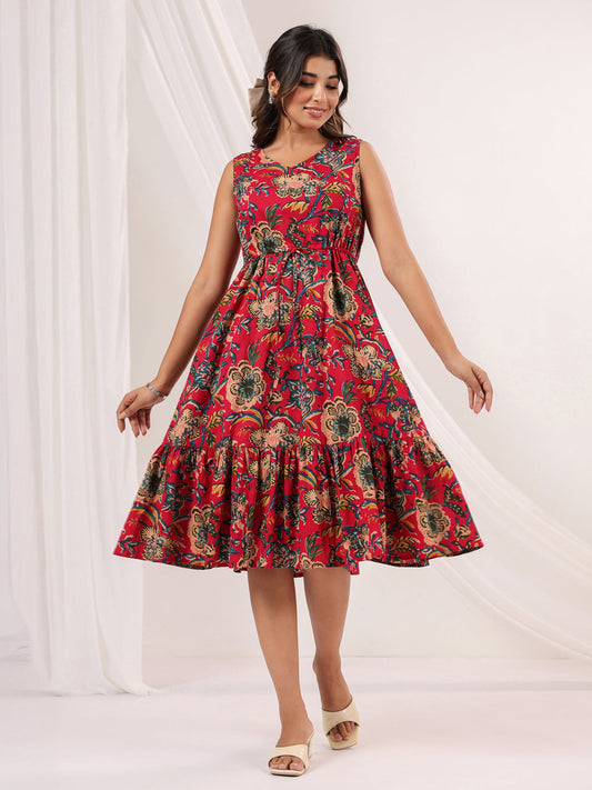 Janasya Bright Cotton Floral Fit & Flare Dress 