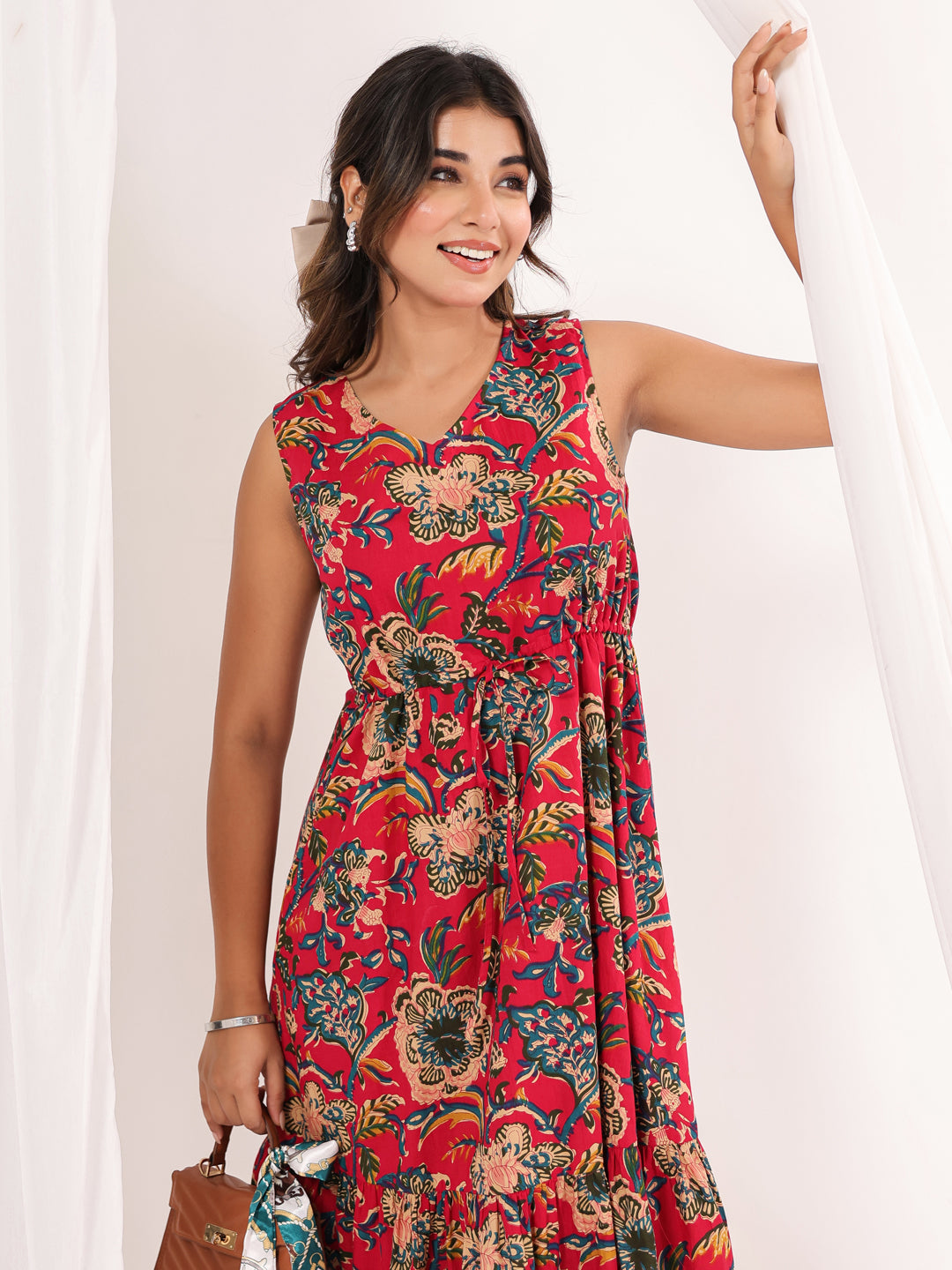 Janasya Bright Cotton Floral Fit & Flare Dress 