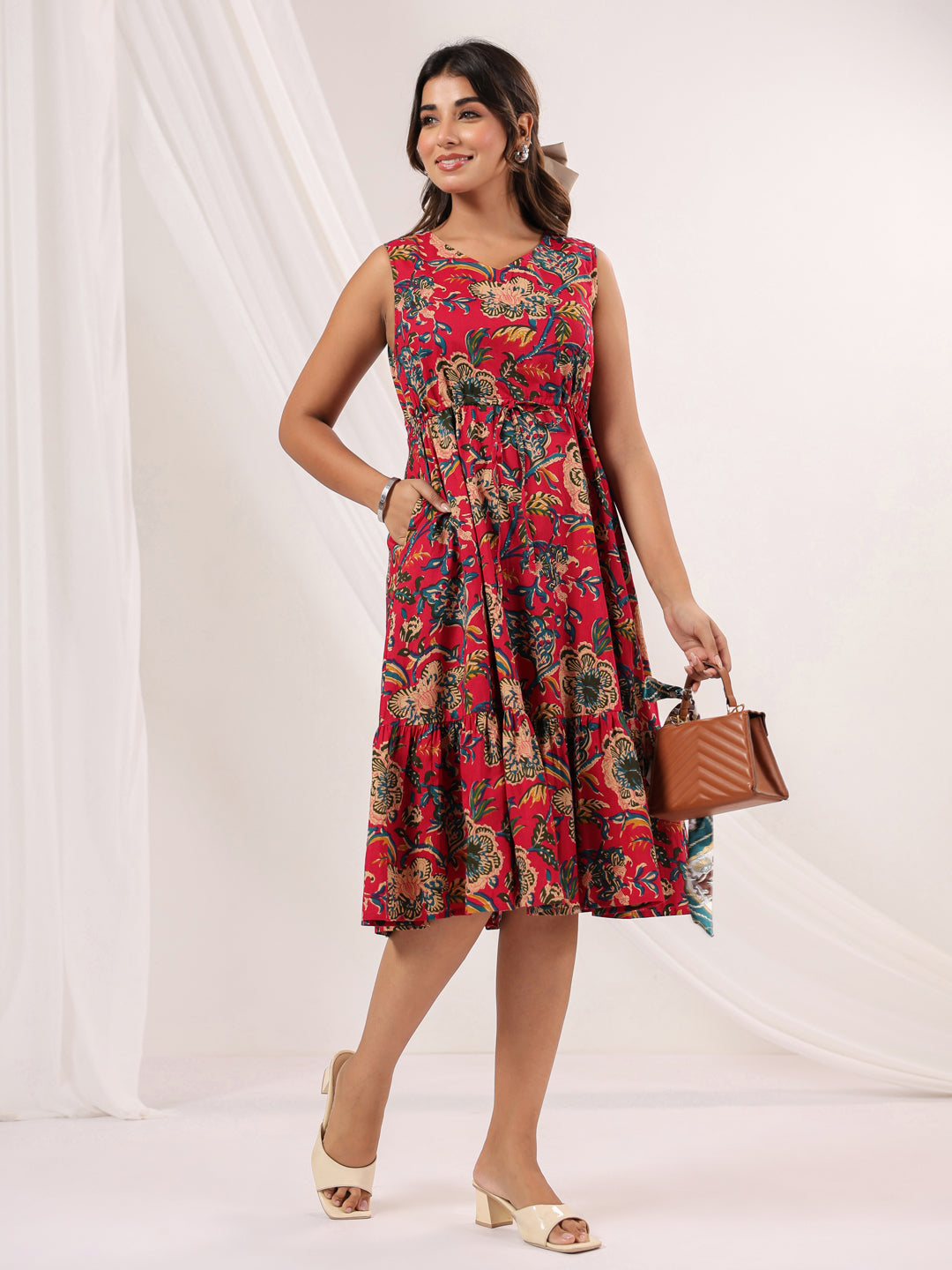Janasya Bright Cotton Floral Fit & Flare Dress 