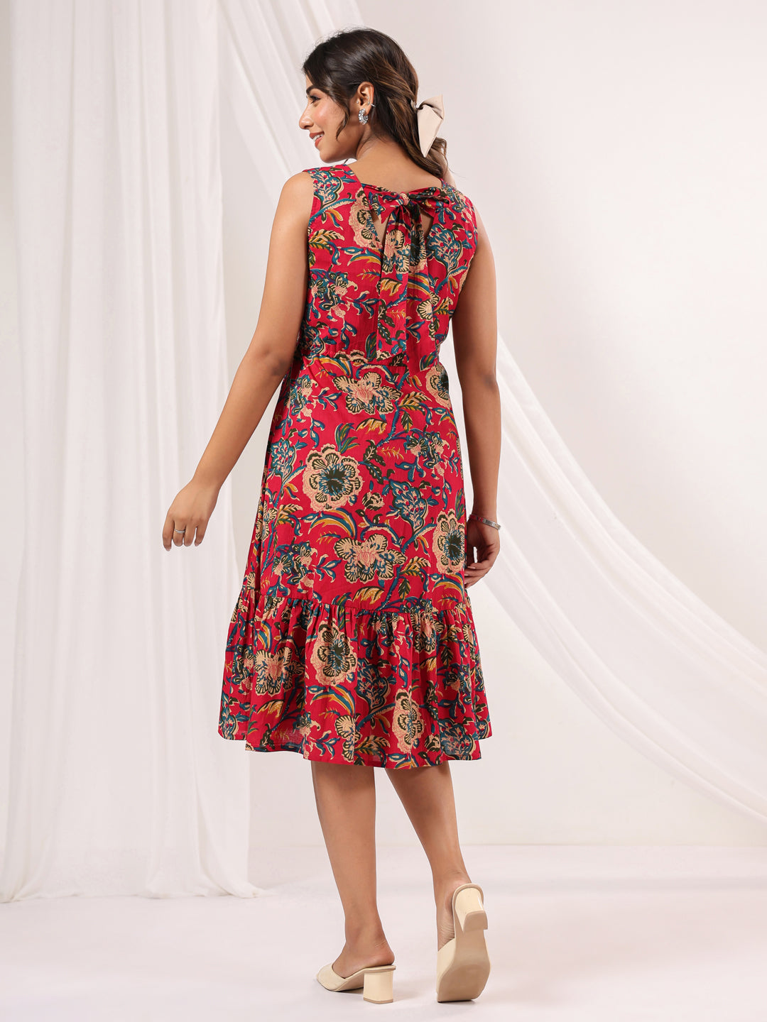 Janasya Bright Cotton Floral Fit & Flare Dress 