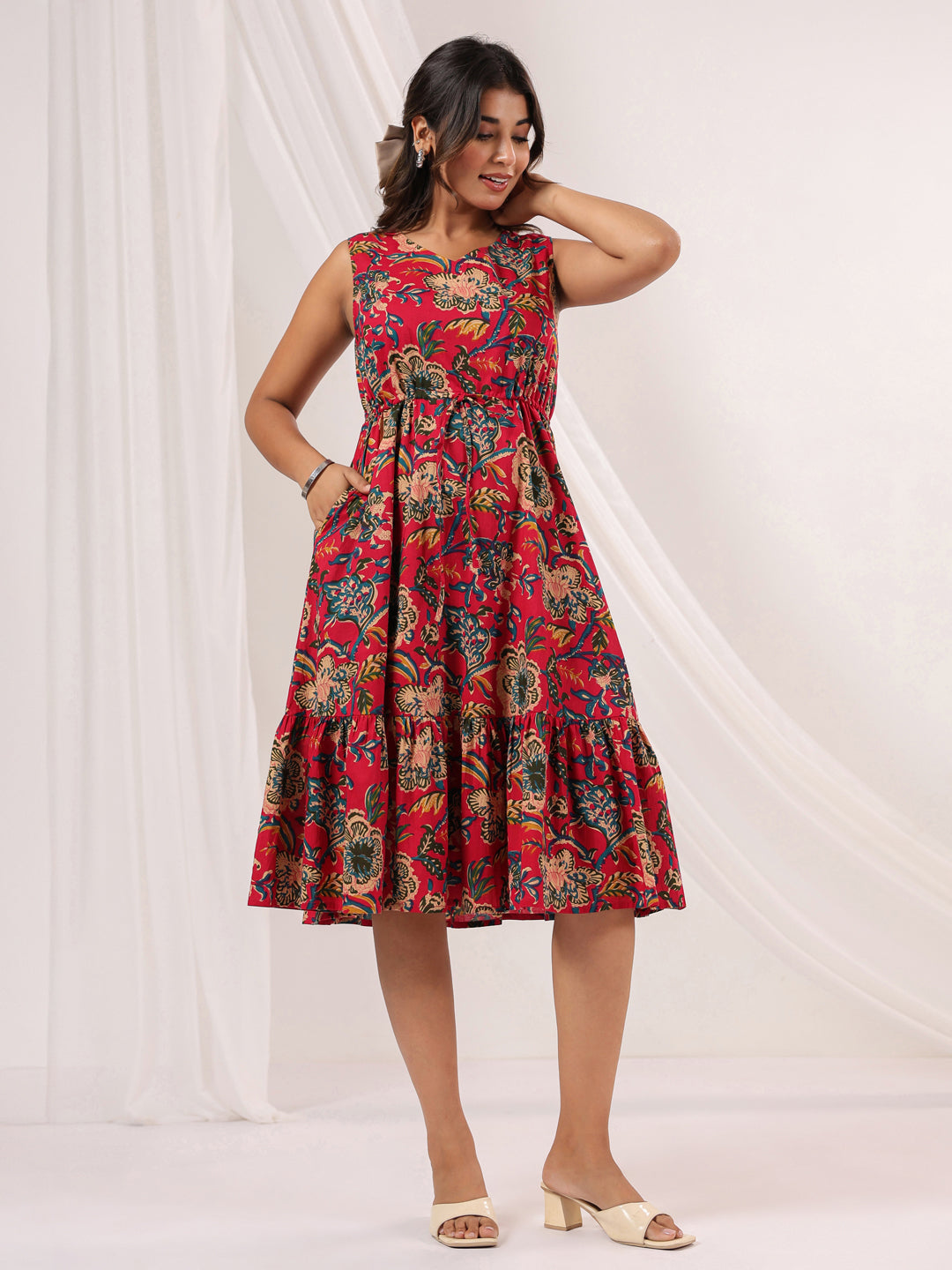 Janasya Bright Cotton Floral Fit & Flare Dress 