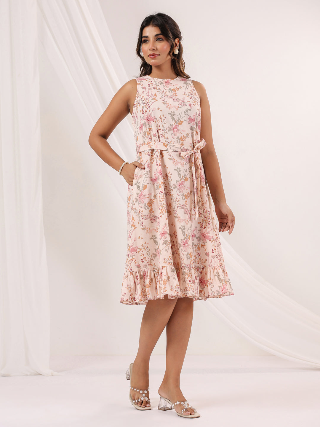 Janasya Light Cotton Floral A-Line Dress 