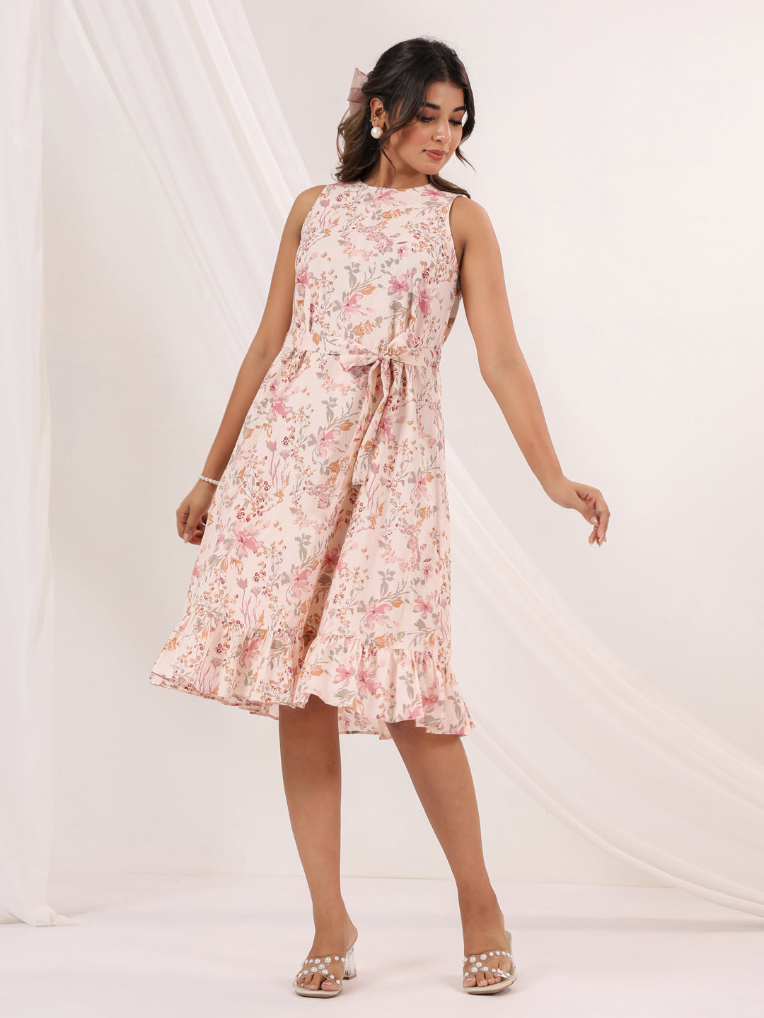 Janasya Light Cotton Floral A-Line Dress 