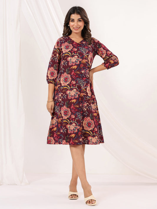 Janasya Dark Cotton Floral A-Line Dress 