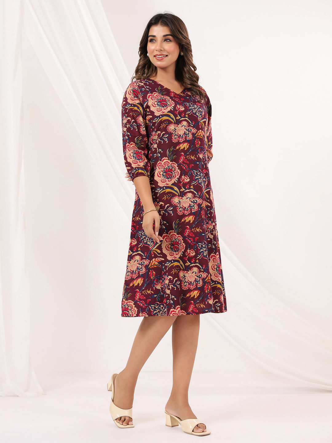 Janasya Dark Cotton Floral A-Line Dress 