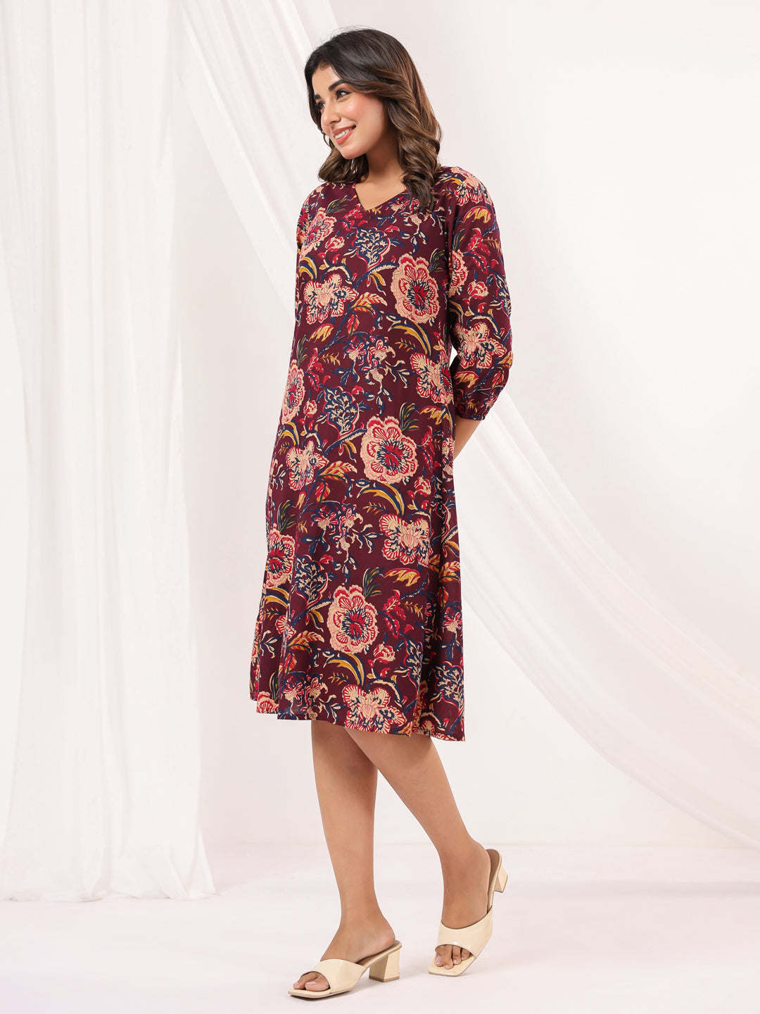Janasya Dark Cotton Floral A-Line Dress 