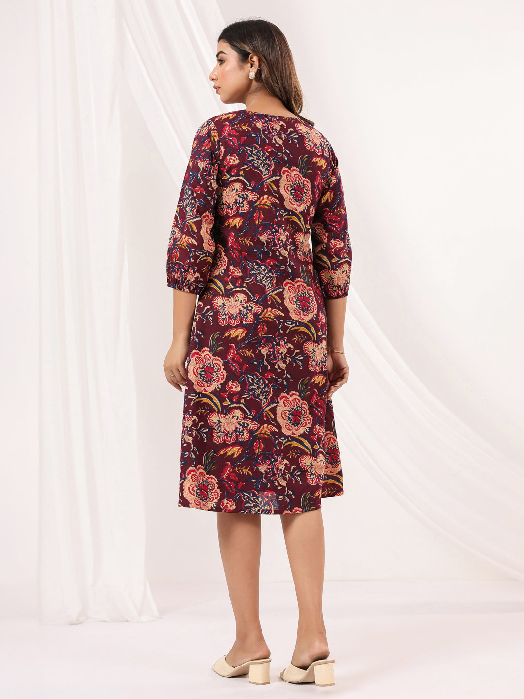 Janasya Dark Cotton Floral A-Line Dress 