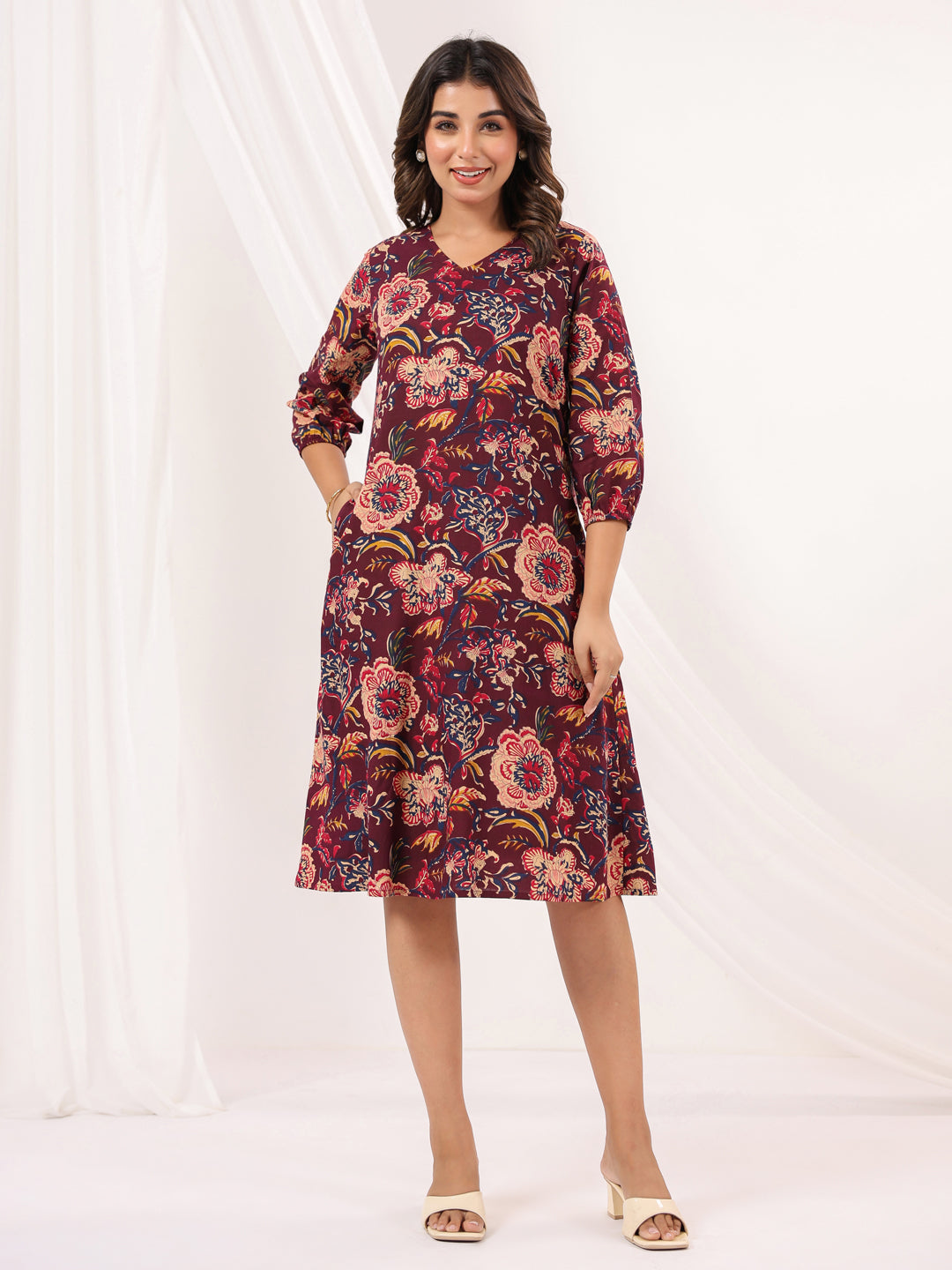 Janasya Dark Cotton Floral A-Line Dress 