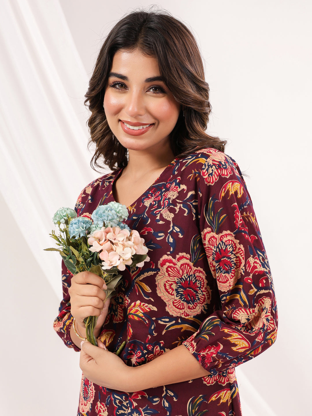 Janasya Dark Cotton Floral A-Line Dress 