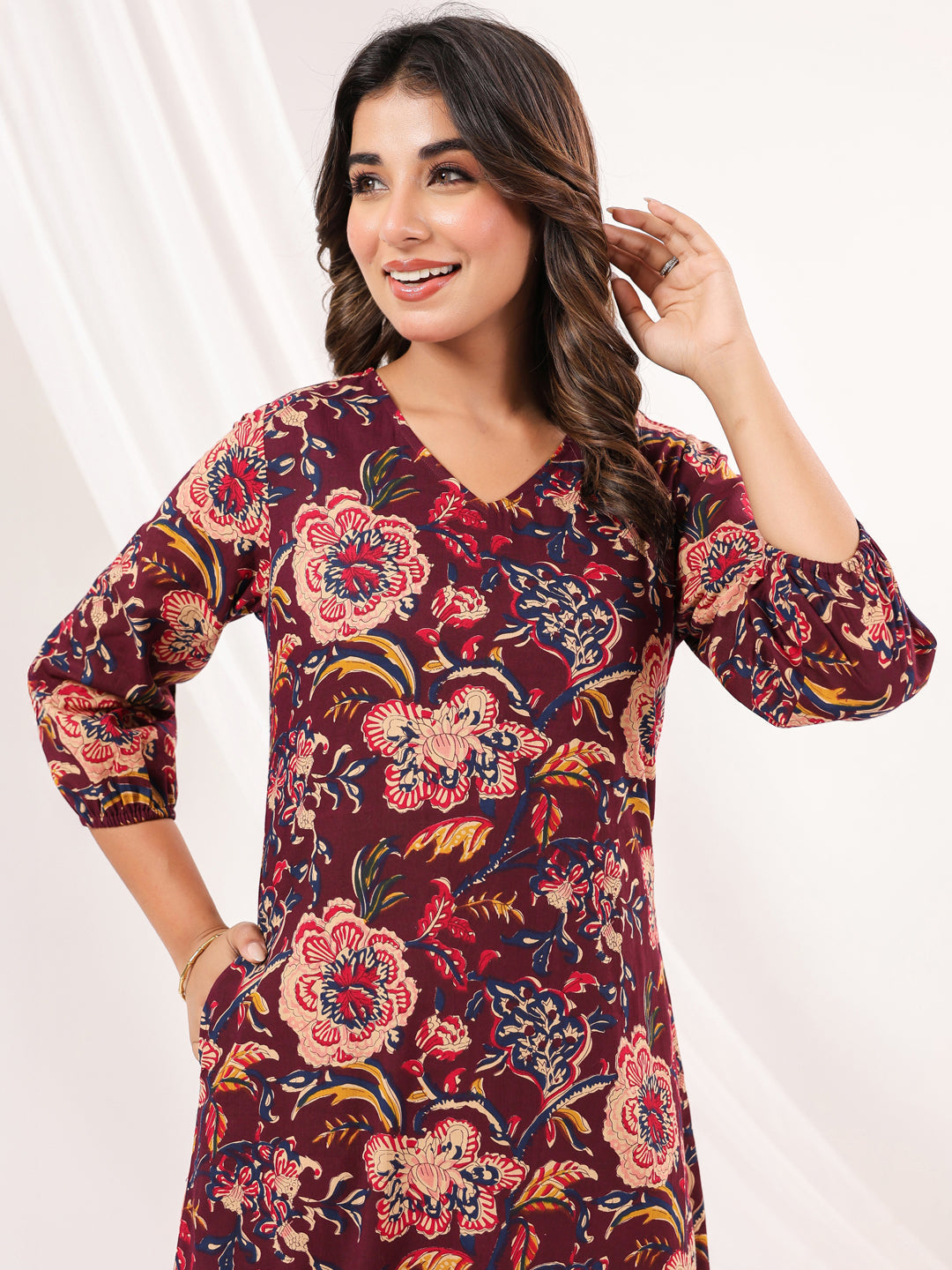 Janasya Dark Cotton Floral A-Line Dress 