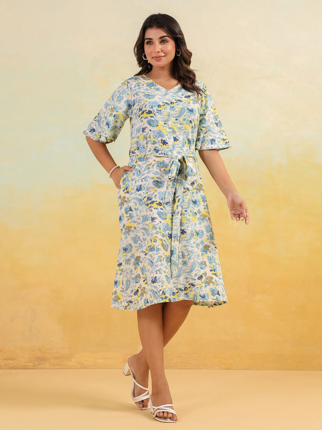 Janasya Light Cotton Floral A-Line Dress 