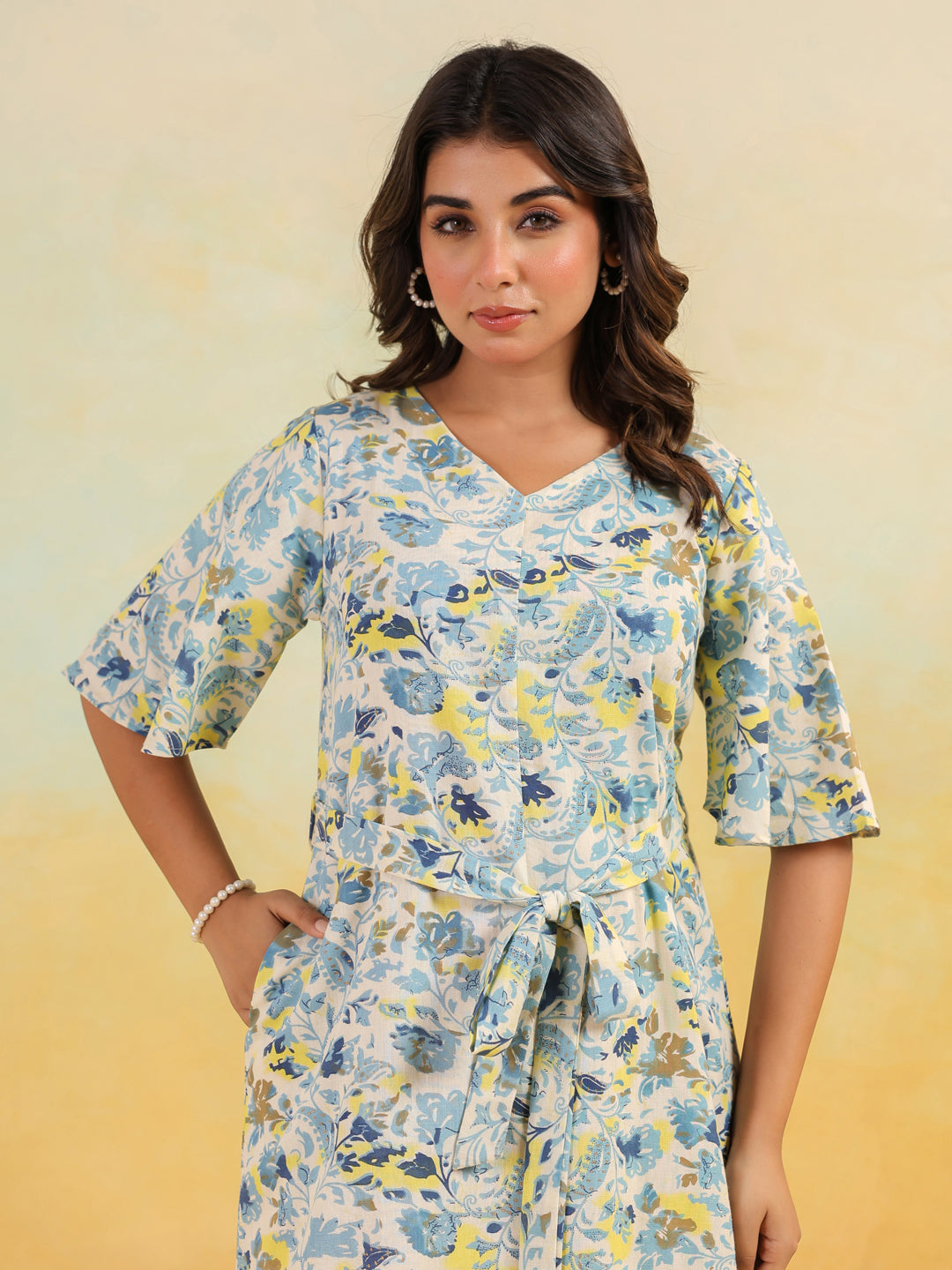 Janasya Light Cotton Floral A-Line Dress 