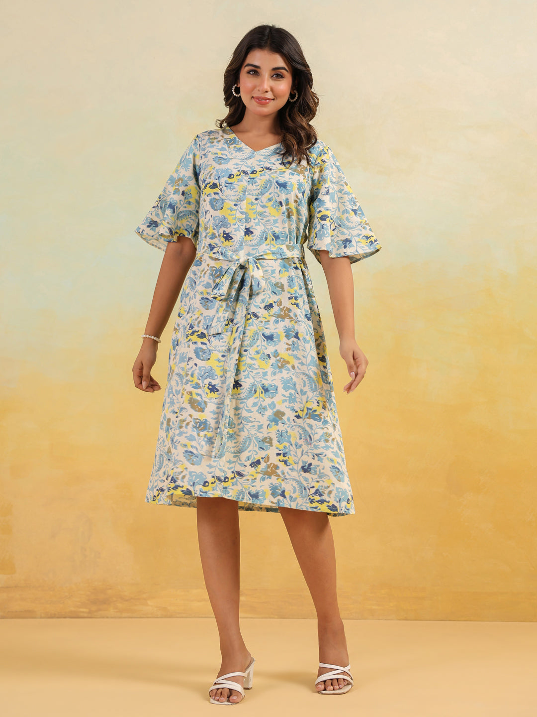 Janasya Light Cotton Floral A-Line Dress 