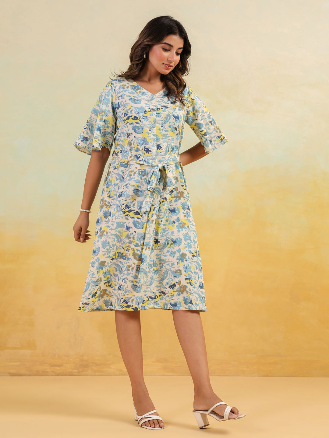 Janasya Light Cotton Floral A-Line Dress 