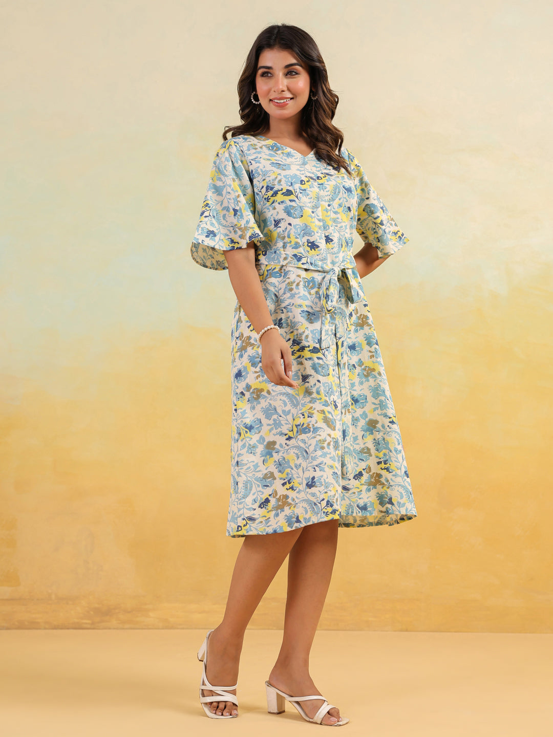 Janasya Light Cotton Floral A-Line Dress 