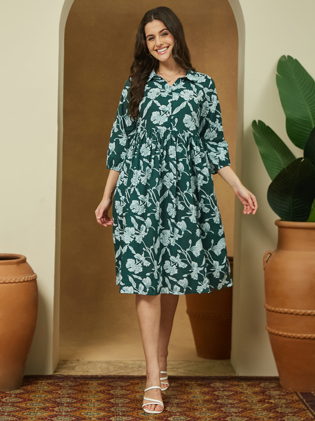 Janasya Dark Cotton Floral Fit & Flare Dress 