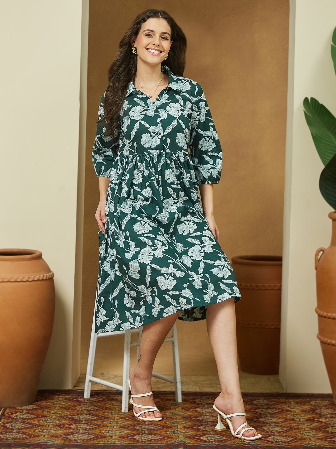 Janasya Dark Cotton Floral Fit & Flare Dress 