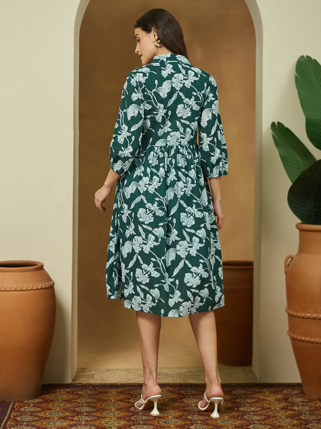 Janasya Dark Cotton Floral Fit & Flare Dress 