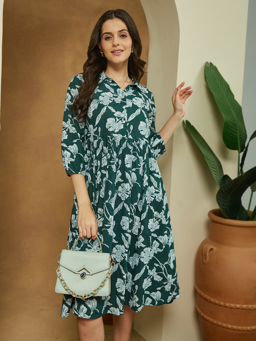 Janasya Dark Cotton Floral Fit & Flare Dress 