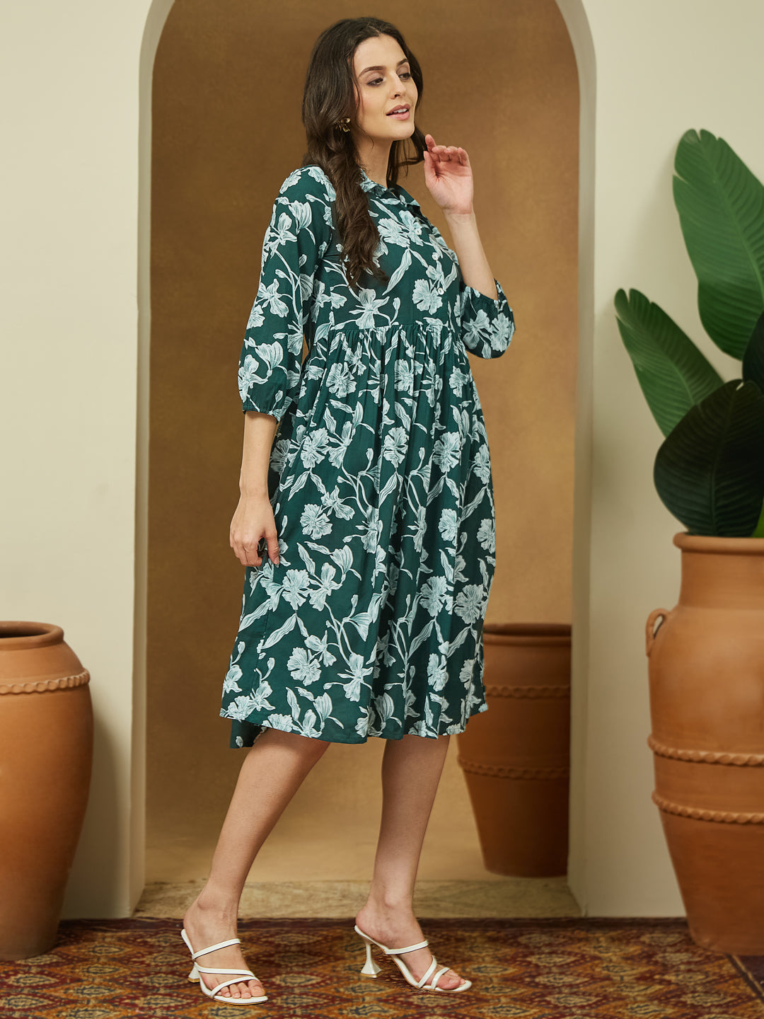 Janasya Dark Cotton Floral Fit & Flare Dress 