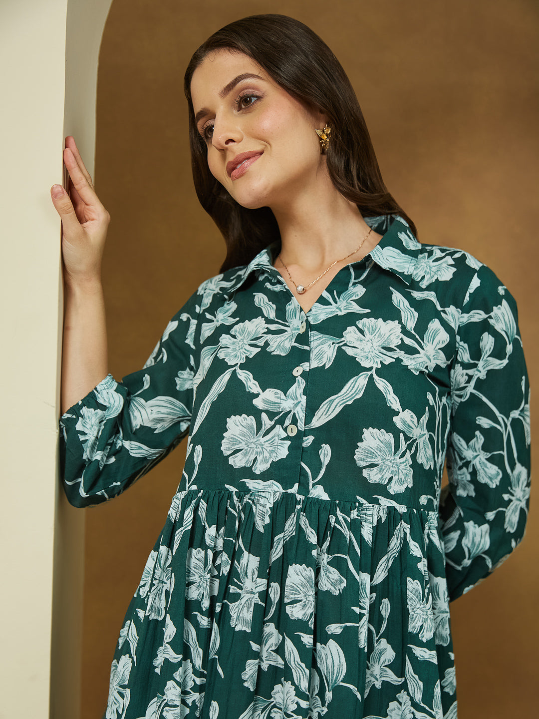 Janasya Dark Cotton Floral Fit & Flare Dress 