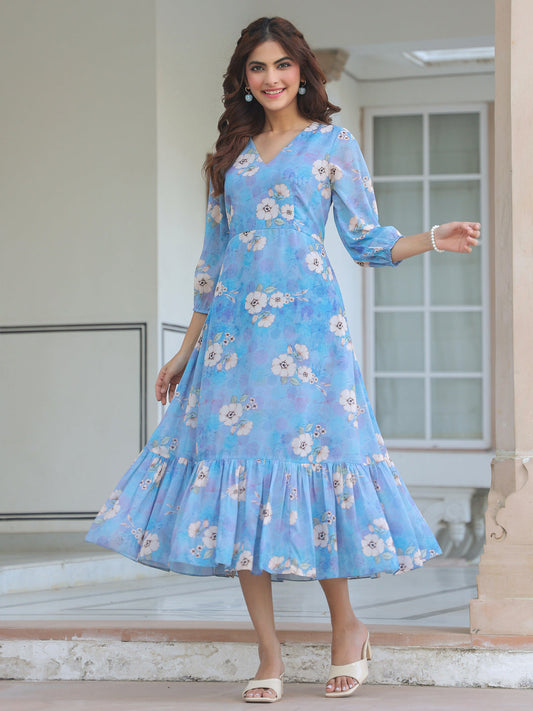 Janasya Light Georgette Floral A-Line Dress 