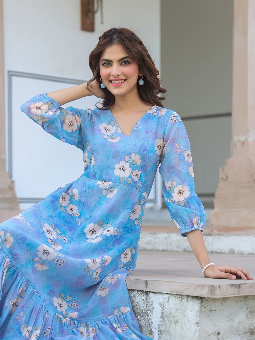 Janasya Light Georgette Floral A-Line Dress 