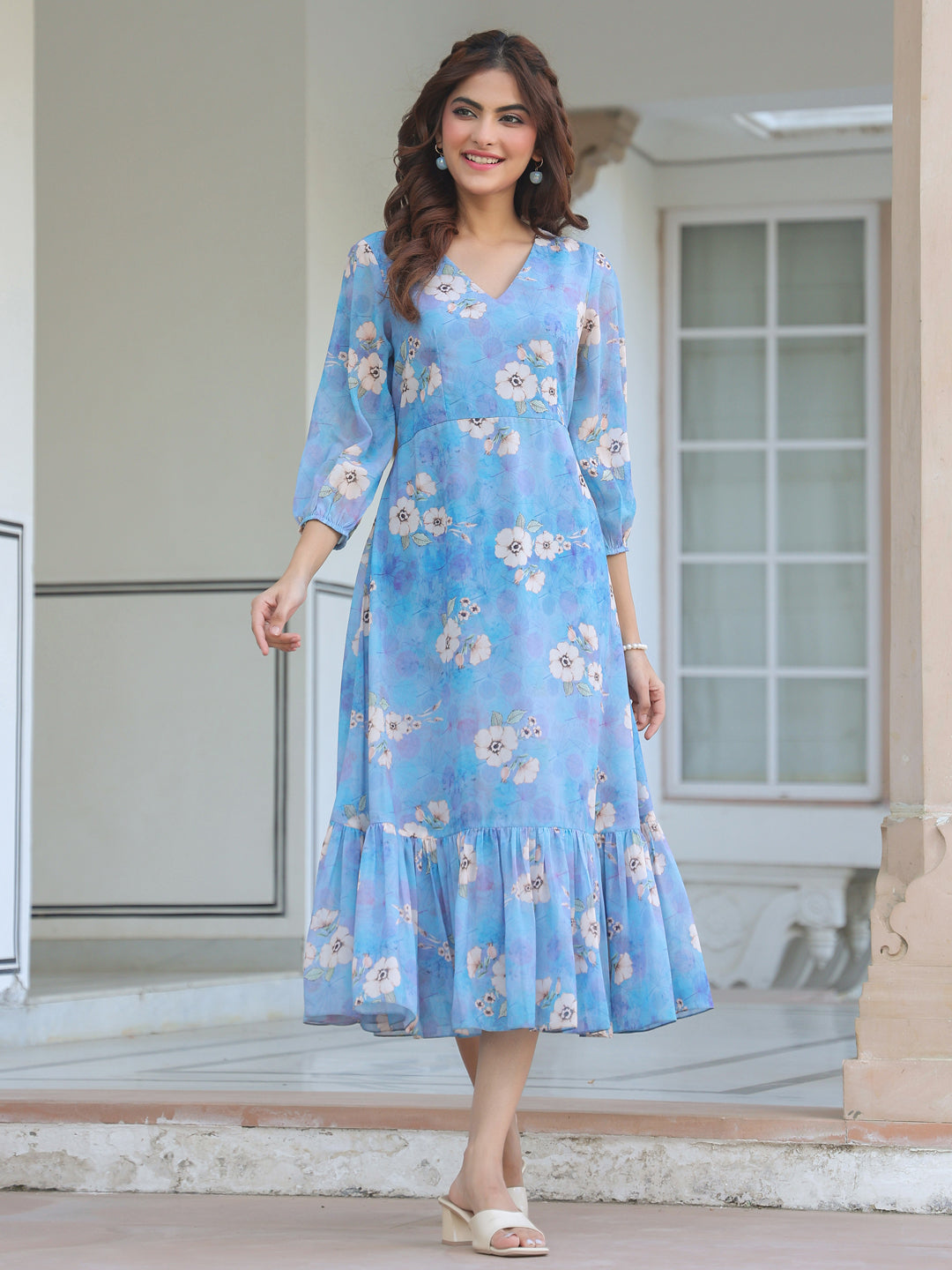 Janasya Light Georgette Floral A-Line Dress 