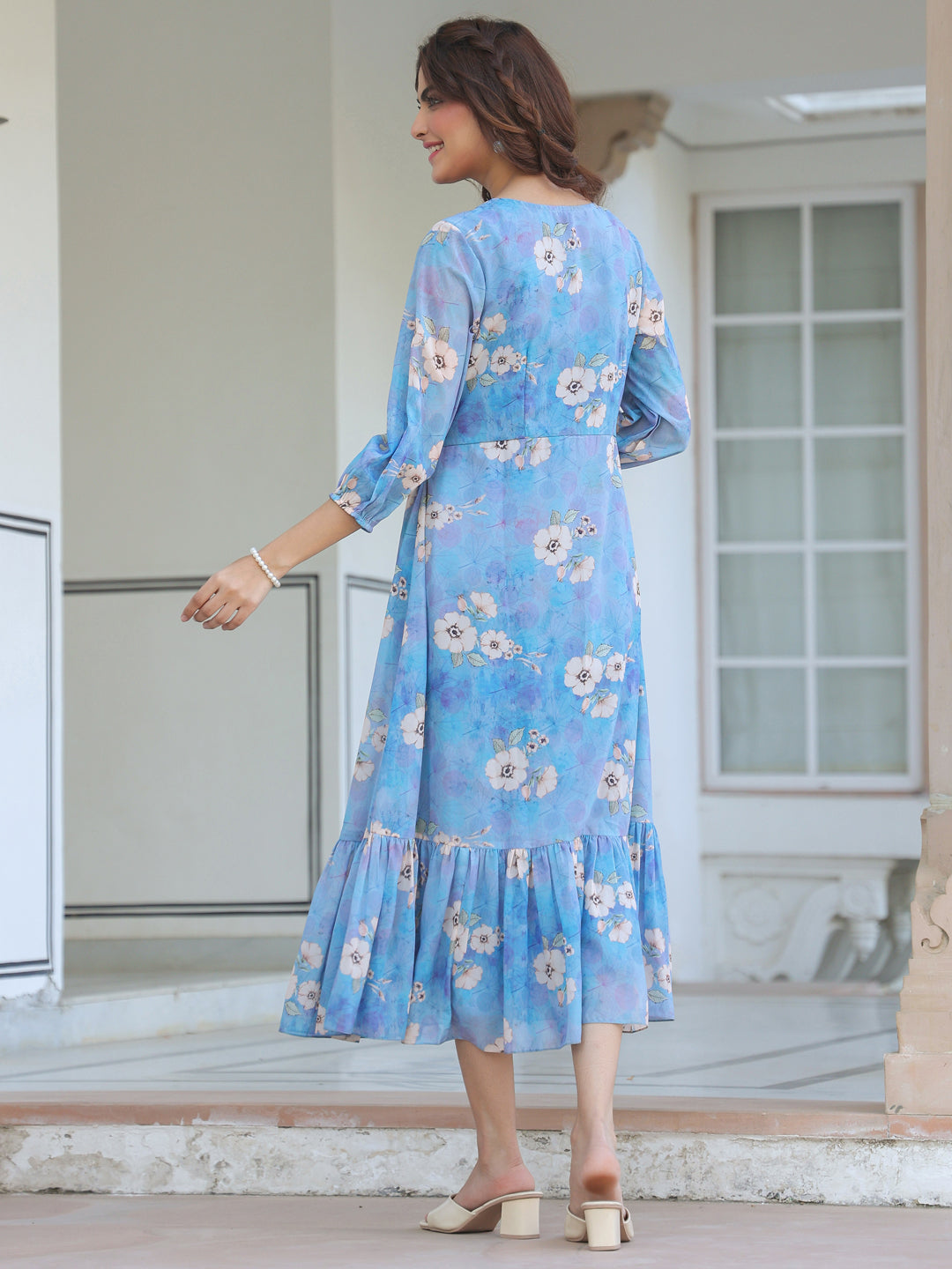 Janasya Light Georgette Floral A-Line Dress 