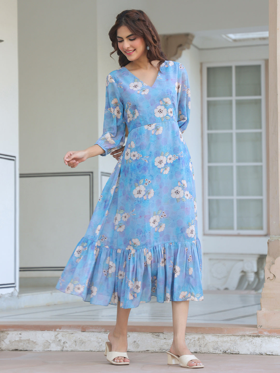 Janasya Light Georgette Floral A-Line Dress 