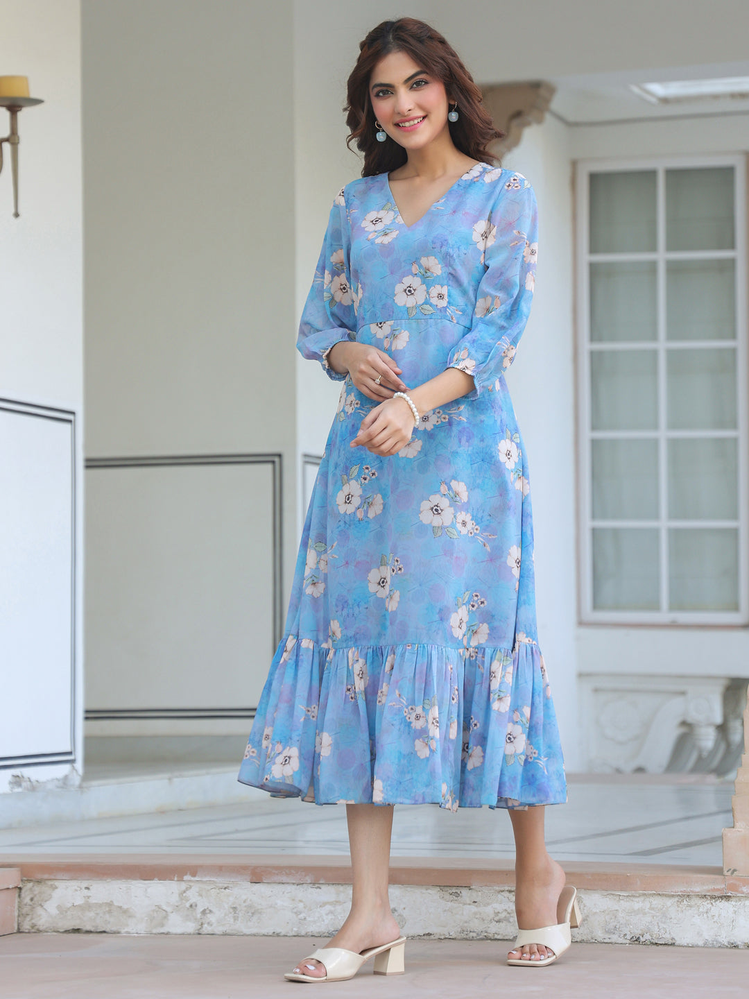 Janasya Light Georgette Floral A-Line Dress 