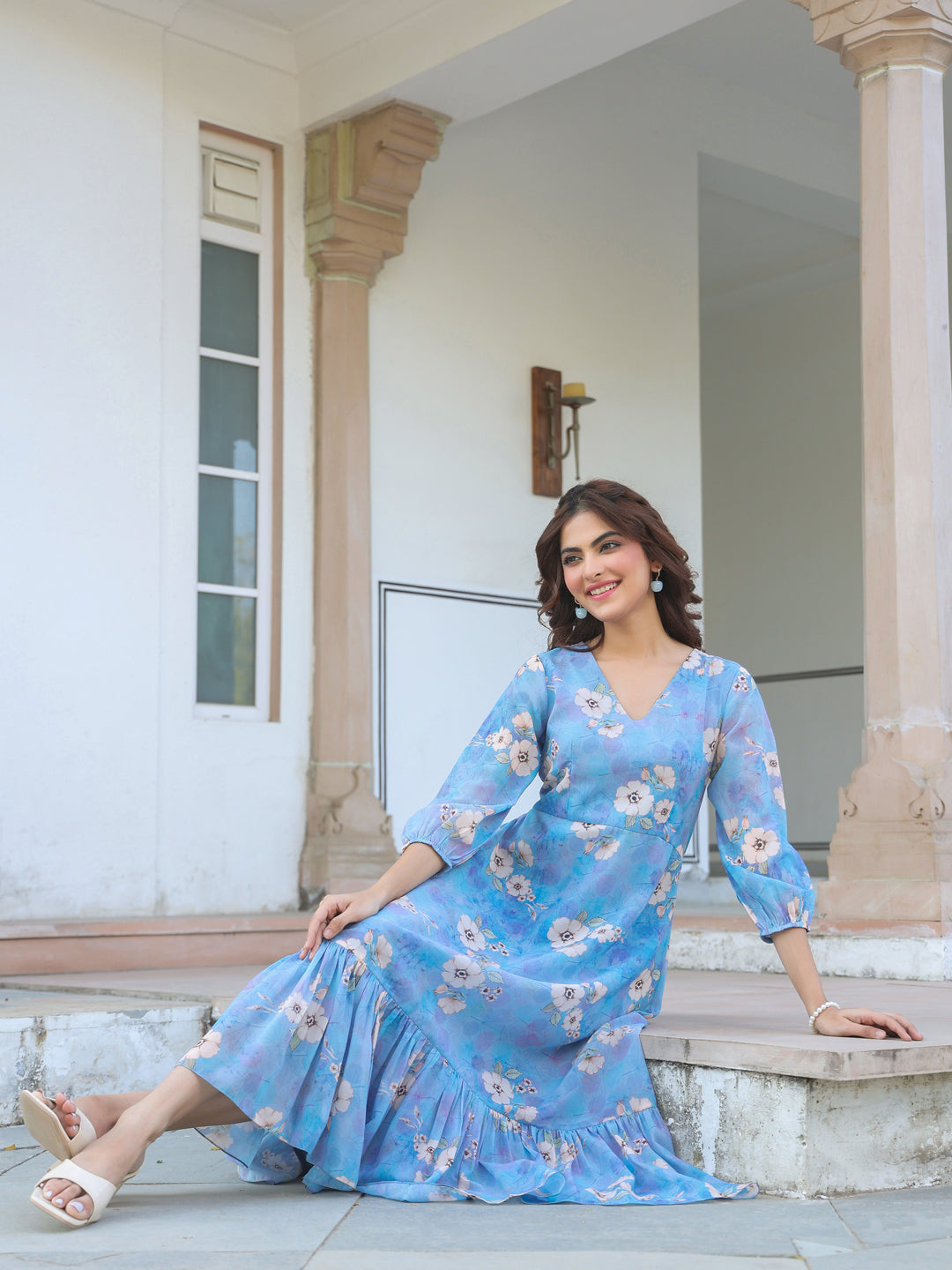 Janasya Light Georgette Floral A-Line Dress 
