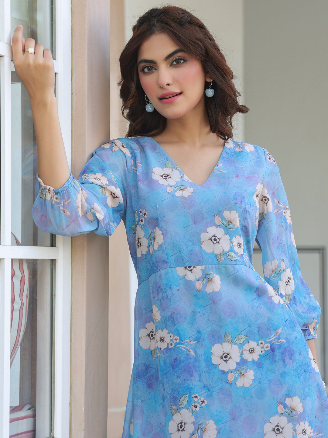 Janasya Light Georgette Floral A-Line Dress 