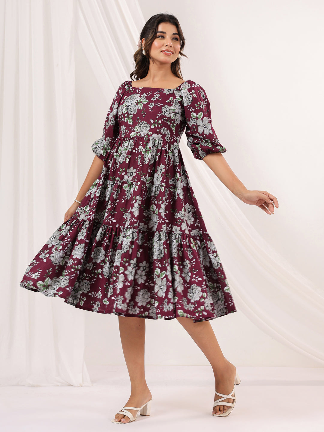 Janasya Dark Cotton Floral Tiered Dress 