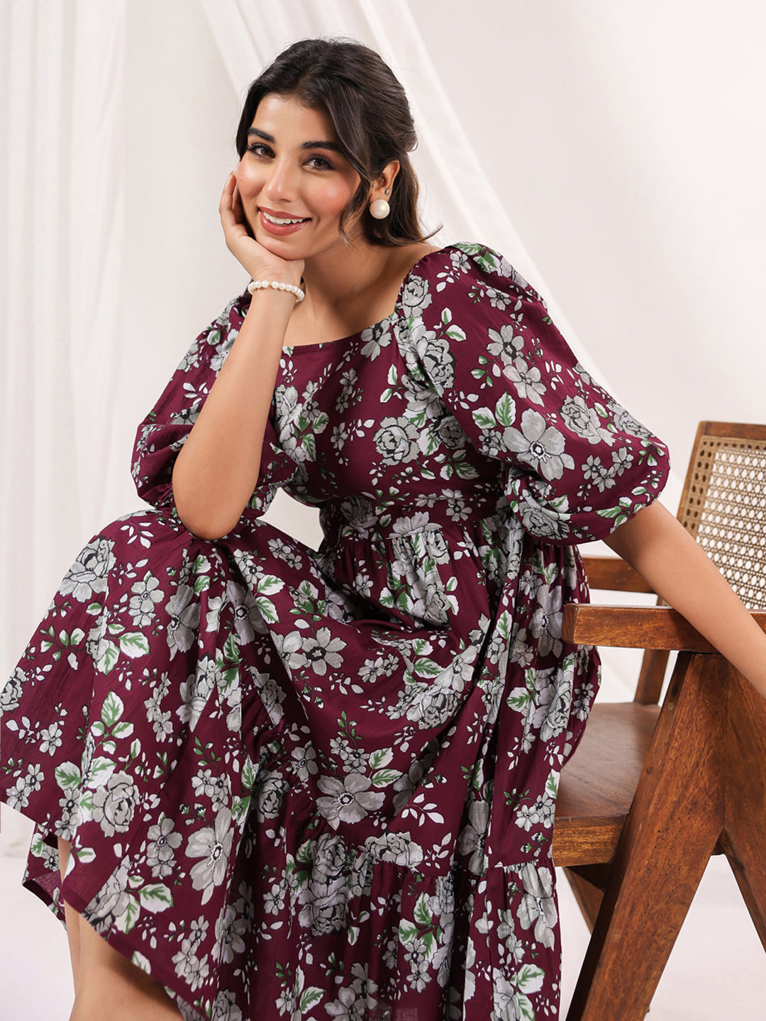 Janasya Dark Cotton Floral Tiered Dress 