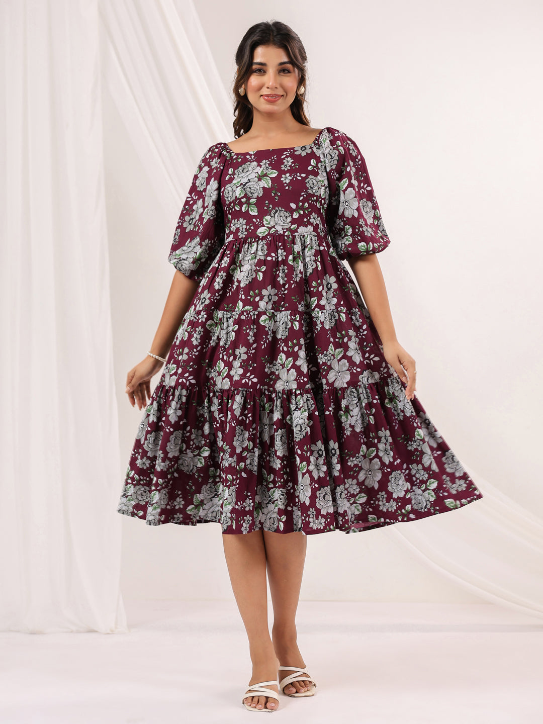 Janasya Dark Cotton Floral Tiered Dress 