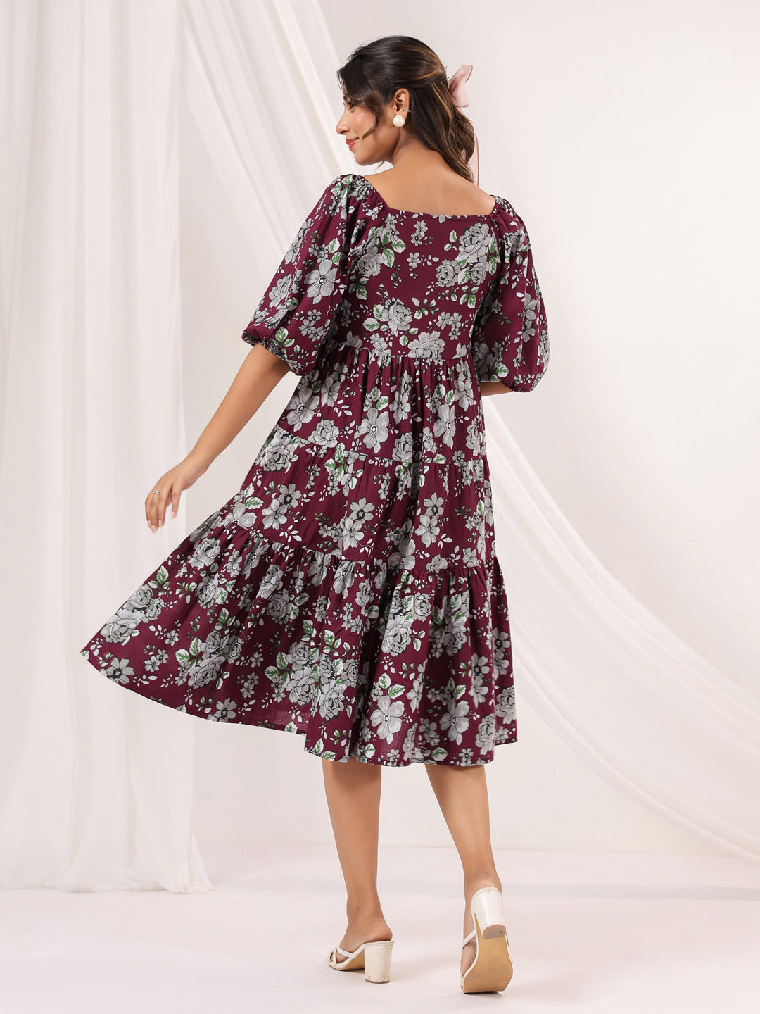 Janasya Dark Cotton Floral Tiered Dress 