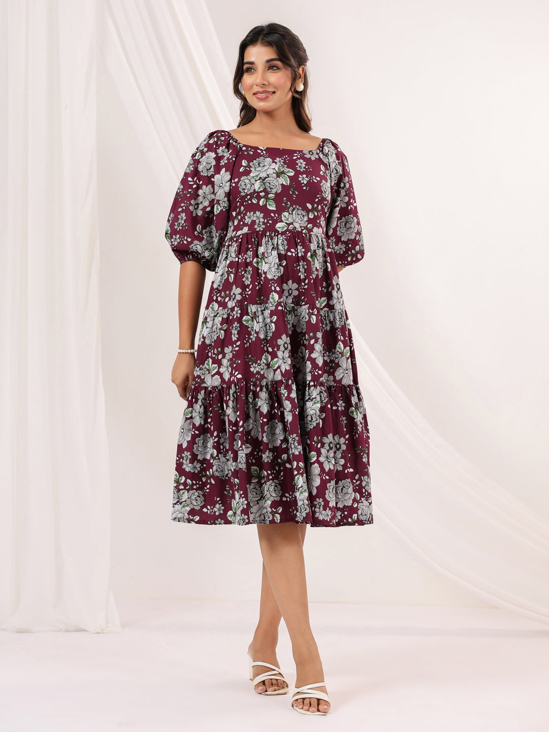 Janasya Dark Cotton Floral Tiered Dress 