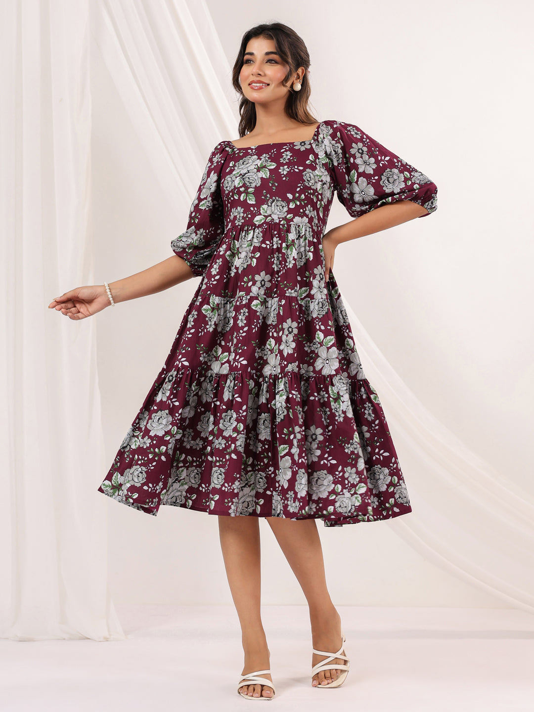 Janasya Dark Cotton Floral Tiered Dress 
