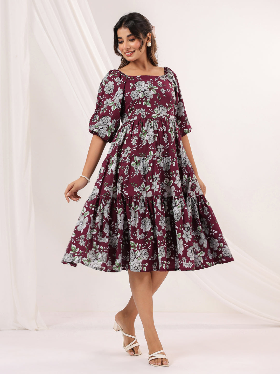 Janasya Dark Cotton Floral Tiered Dress 